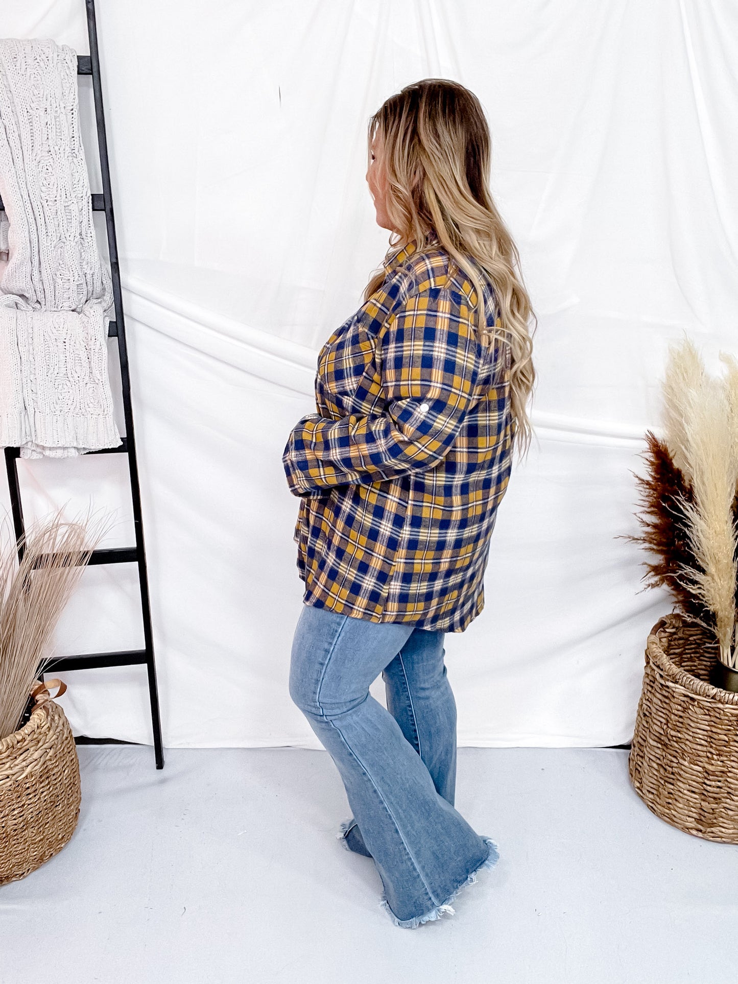 Yellow & Navy Mixed Check Flannel Shirt  W/ Long Sleeves