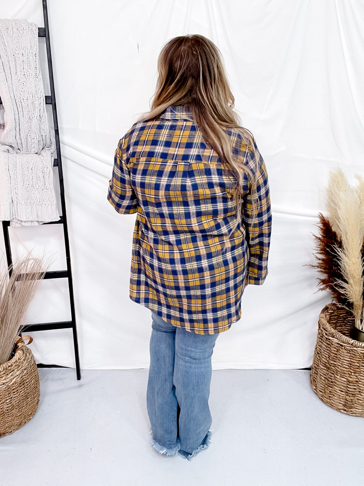 Yellow & Navy Mixed Check Flannel Shirt  W/ Long Sleeves