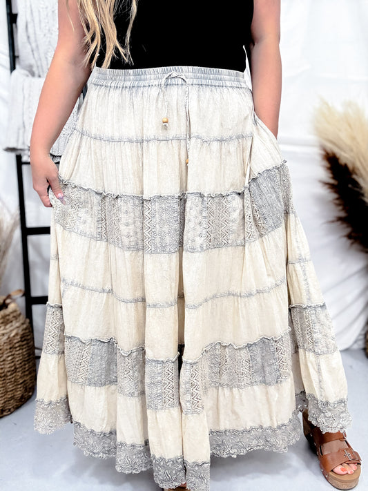 Latte Tiered Crinkle Skirt W/ Patchwork Detailing