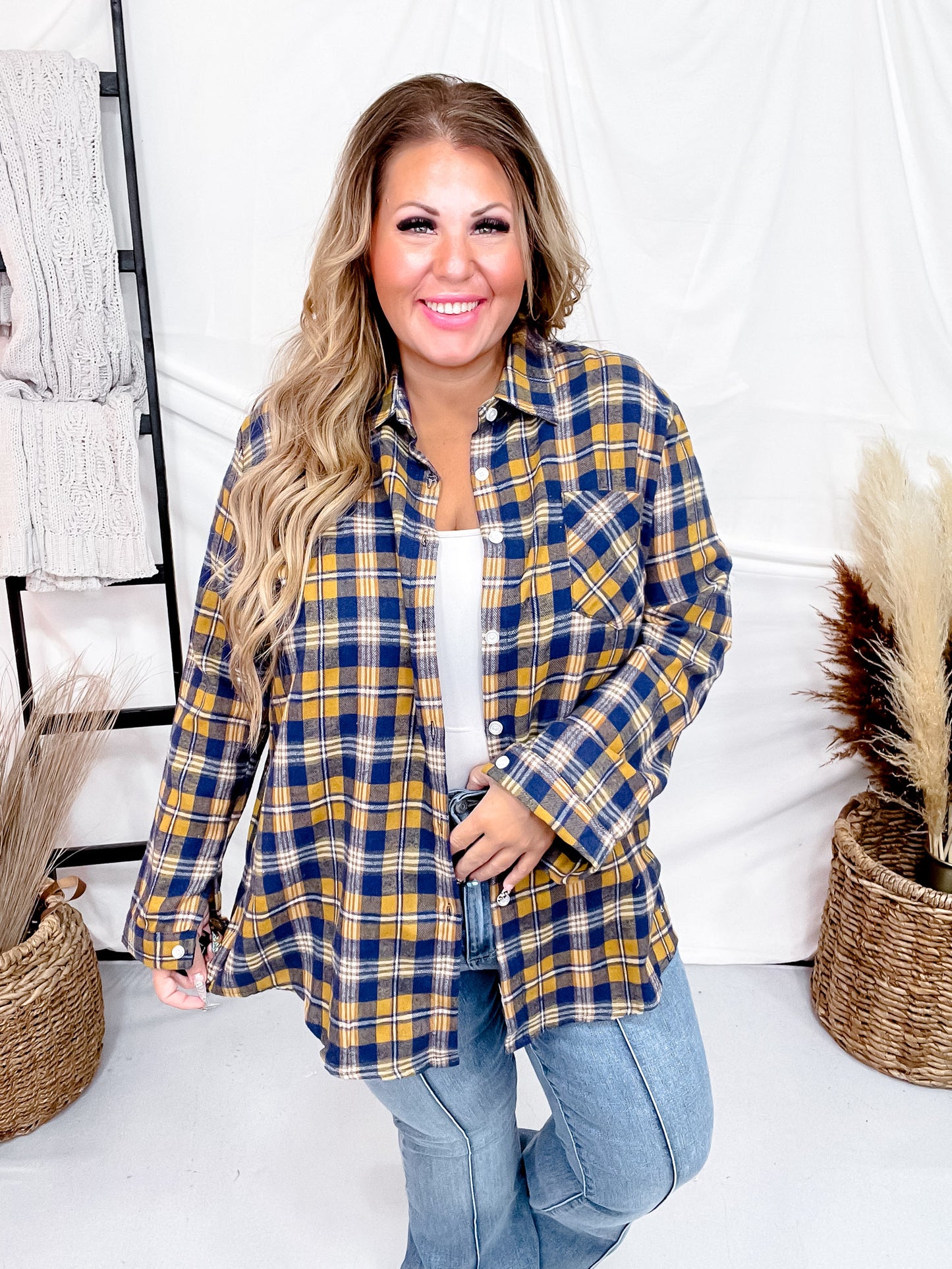 Yellow & Navy Mixed Check Flannel Shirt  W/ Long Sleeves