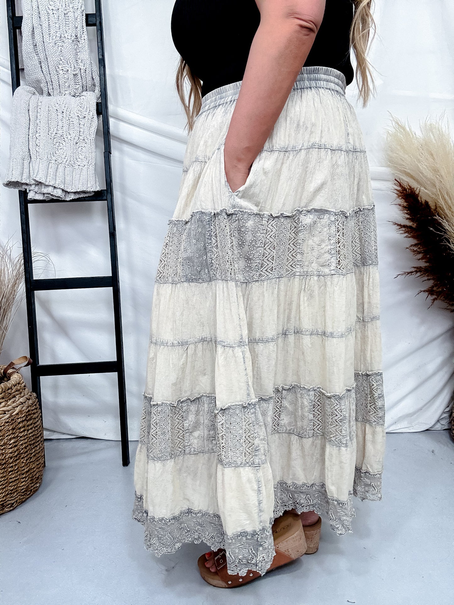 Latte Tiered Crinkle Skirt W/ Patchwork Detailing