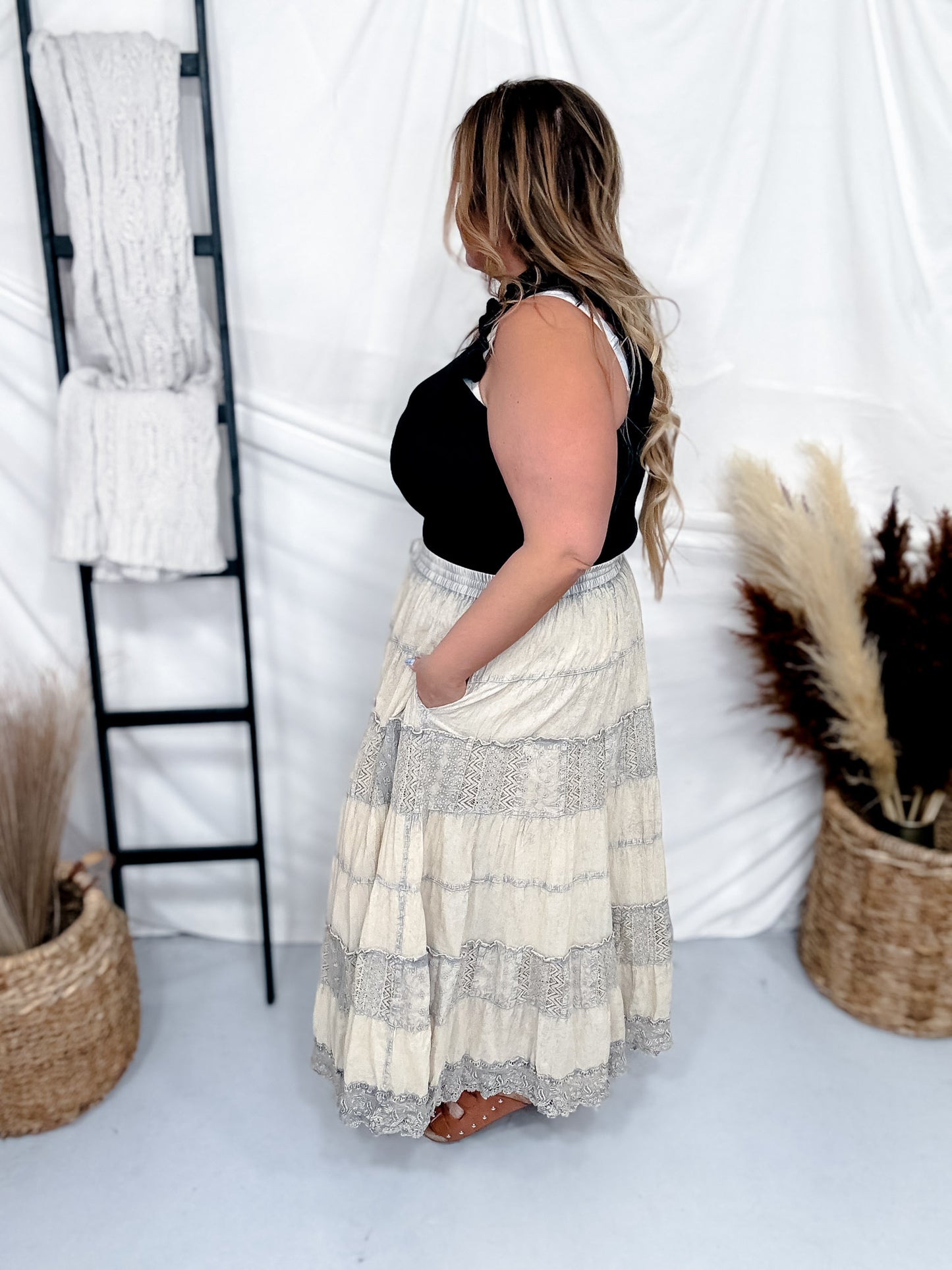 Latte Tiered Crinkle Skirt W/ Patchwork Detailing