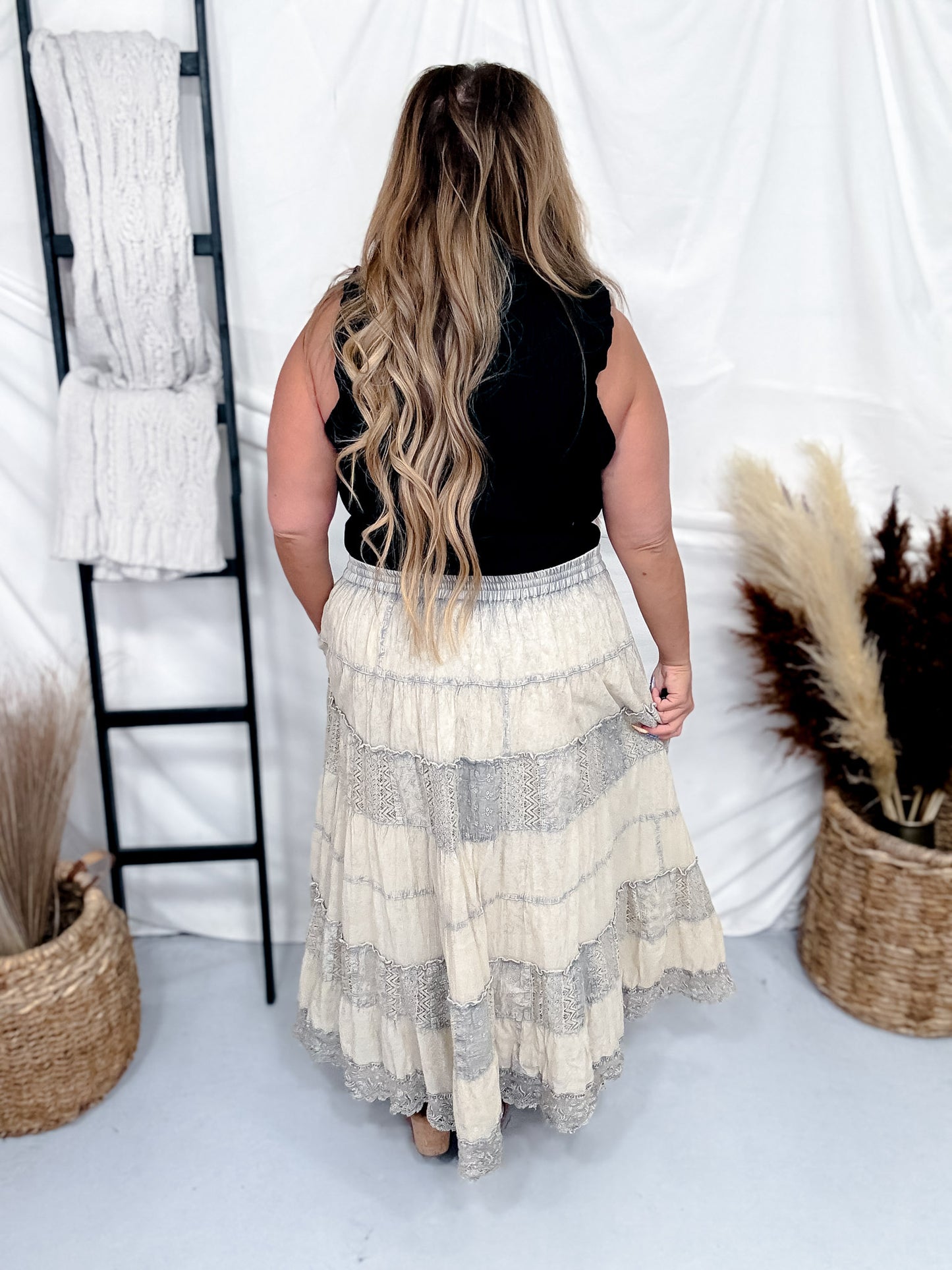Latte Tiered Crinkle Skirt W/ Patchwork Detailing