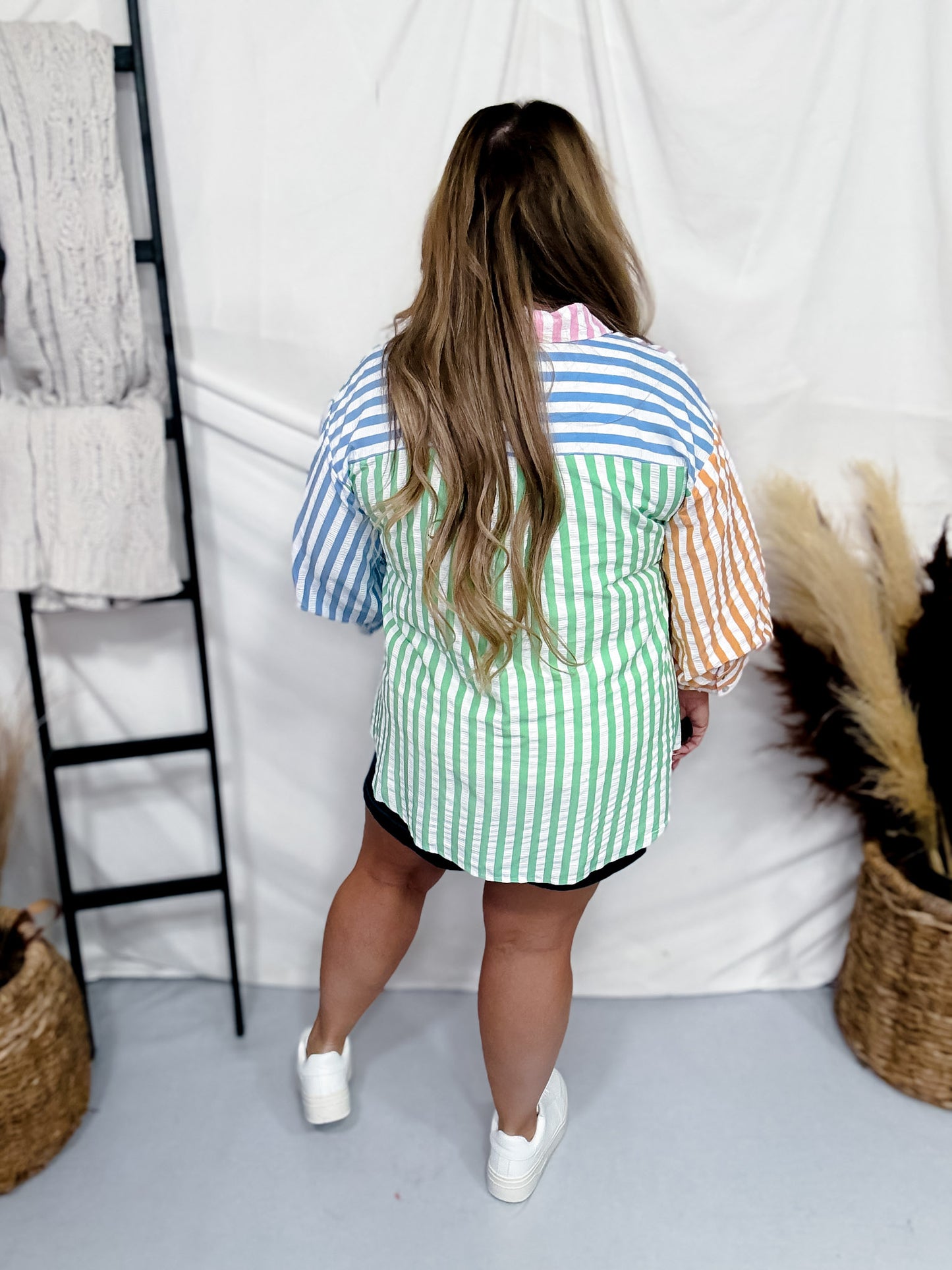 Colorblock Striped 3/4 Sleeve Button Front Top