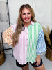Colorblock Striped 3/4 Sleeve Button Front Top