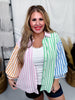 Colorblock Striped 3/4 Sleeve Button Front Top