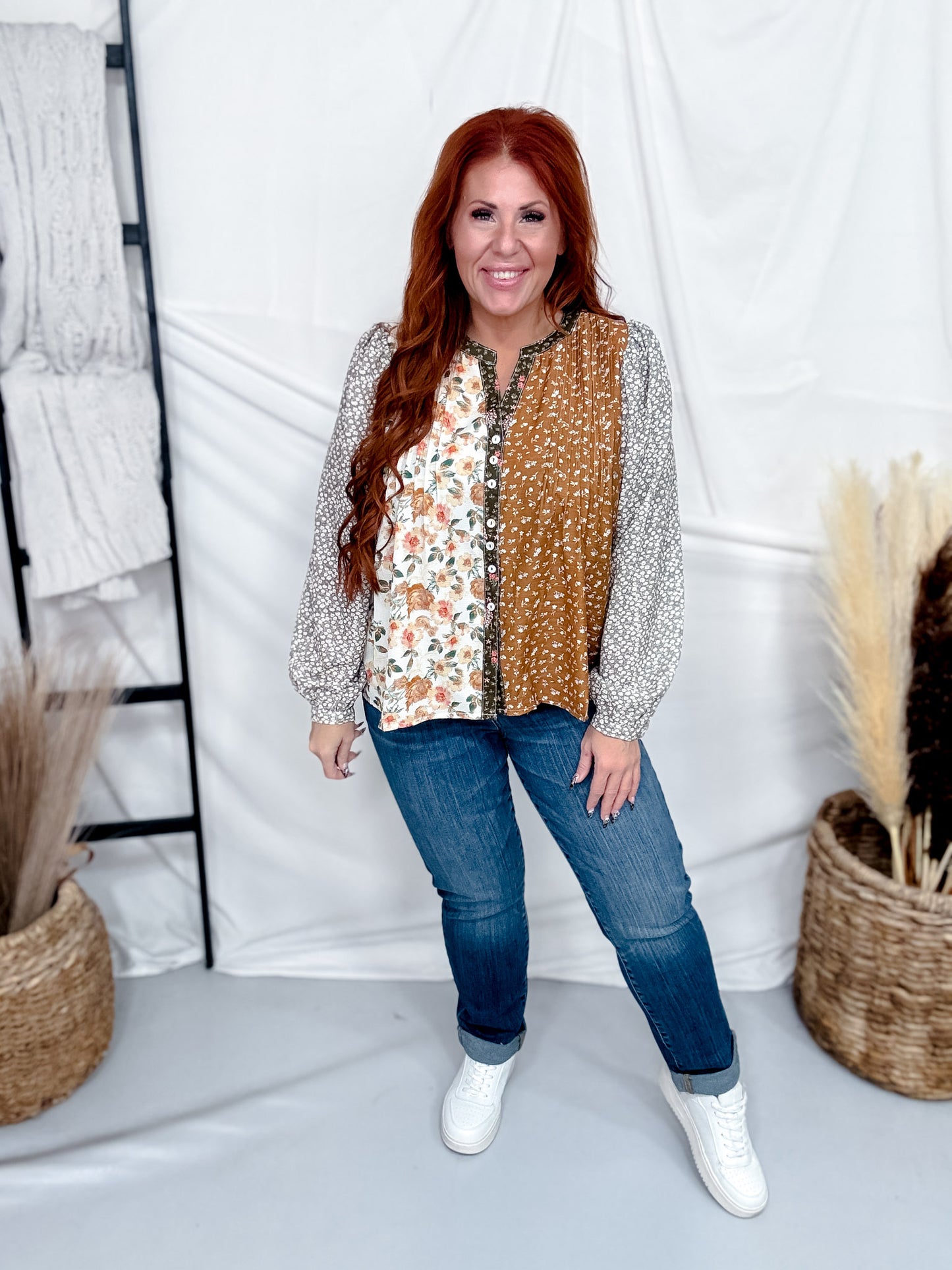 Mixed Autumn Florals Button Front Top