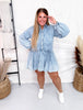 Acid Washed Denim Tiered Mini Babydoll Dress