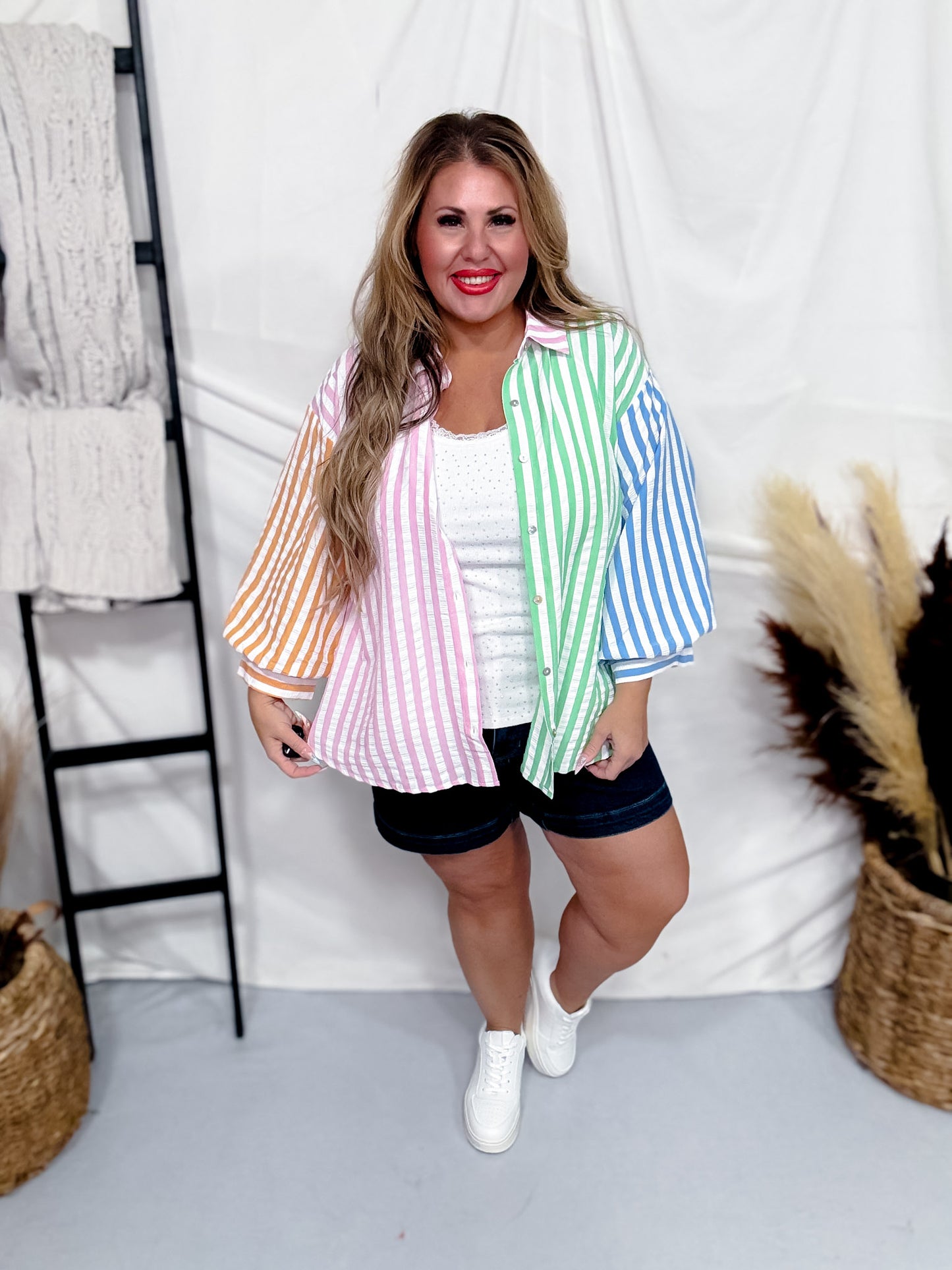 Colorblock Striped 3/4 Sleeve Button Front Top