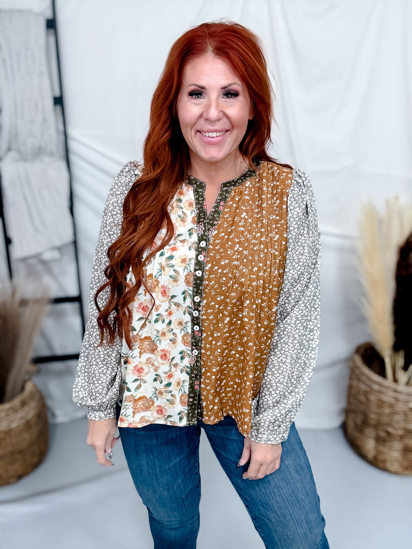Mixed Autumn Florals Button Front Top