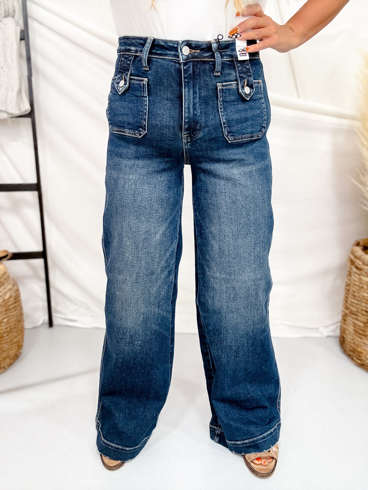Judy Blue High Waist Lux Retro Wide Leg Jeans W/ Patch Pockets