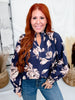 Navy Blue Split V-Neckline Top With Floral Print