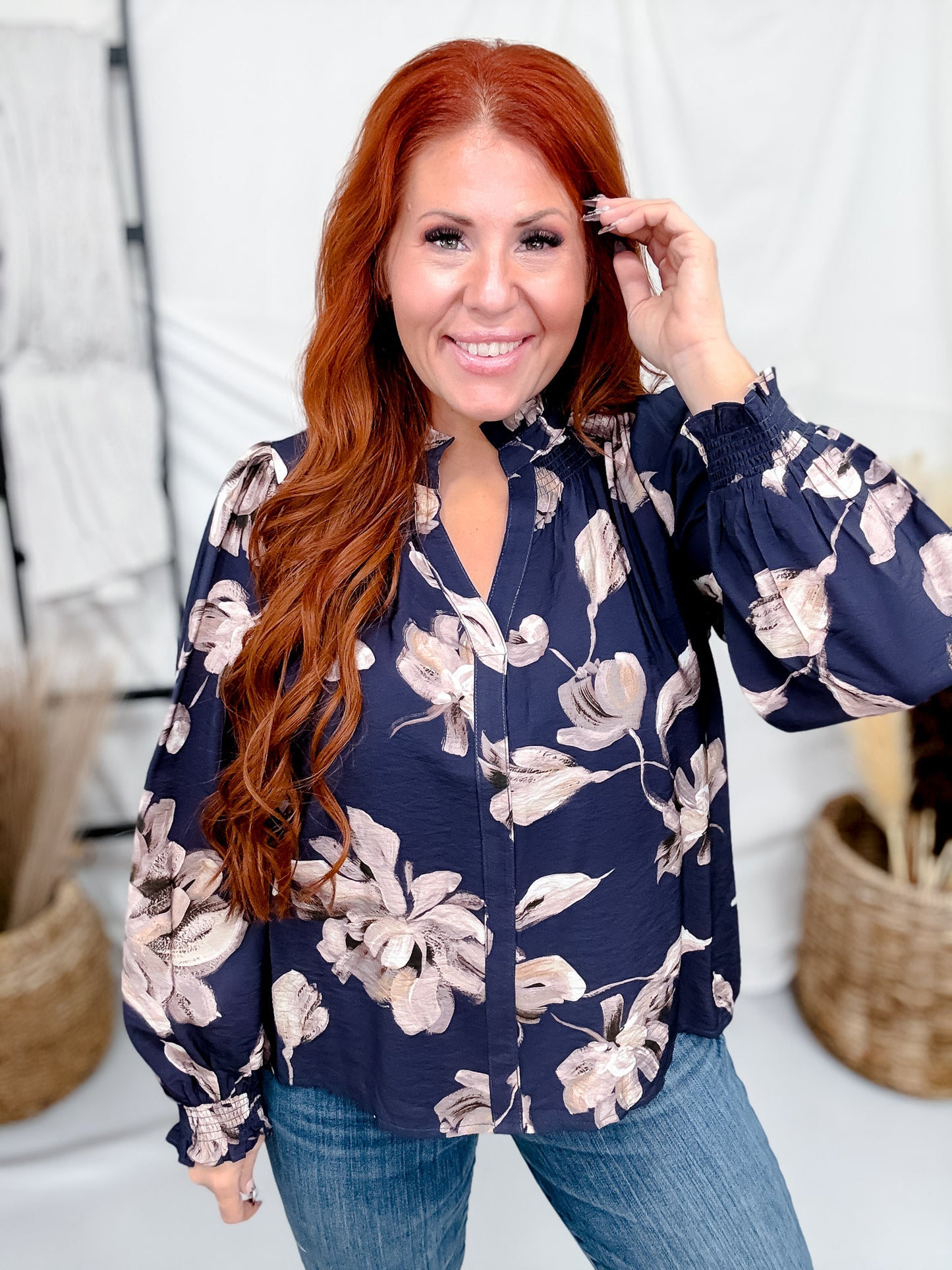 Navy Blue Split V-Neckline Top With Floral Print