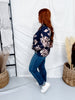 Navy Blue Split V-Neckline Top With Floral Print
