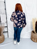 Navy Blue Split V-Neckline Top With Floral Print