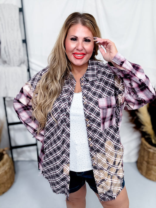 Purple Floral Plaid Button Front Top