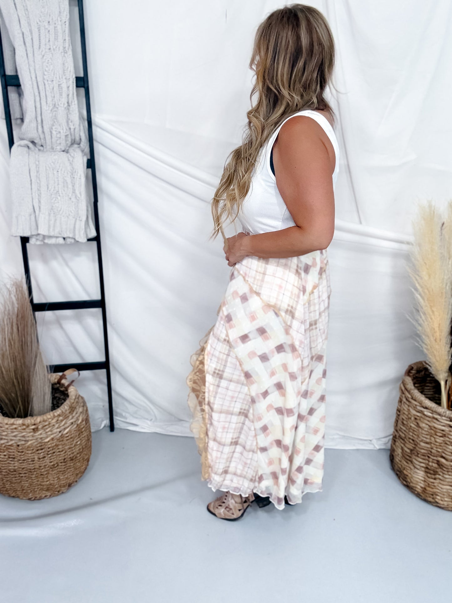Mixed Plaid Print Midi Skirt With Lace Trim