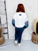White Long Sleeve Top With Mixed Print Denim Patchwork Sleeves