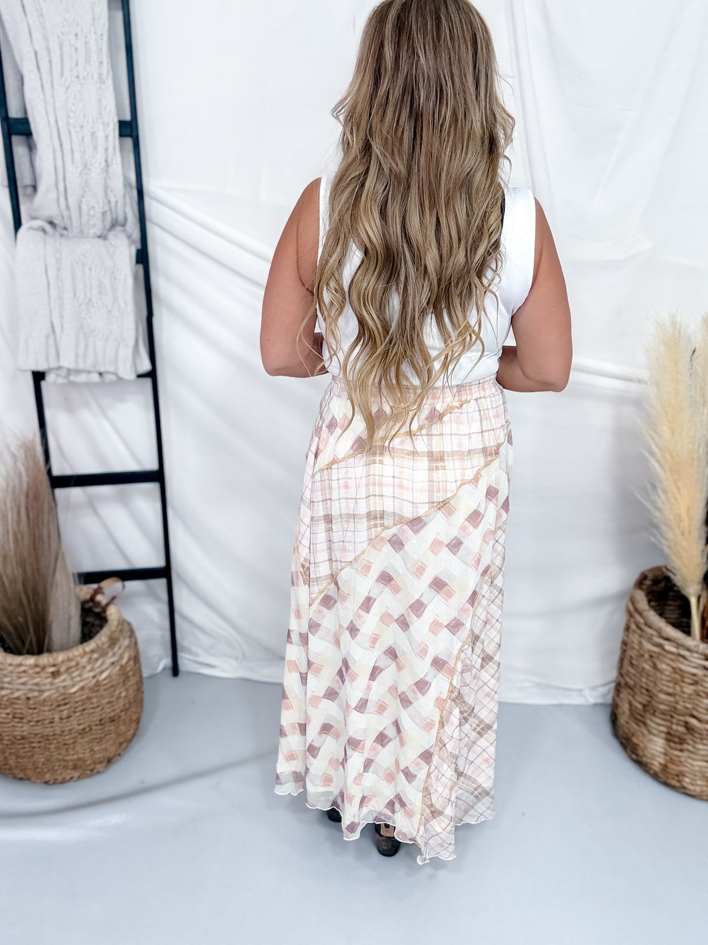 Mixed Plaid Print Midi Skirt With Lace Trim