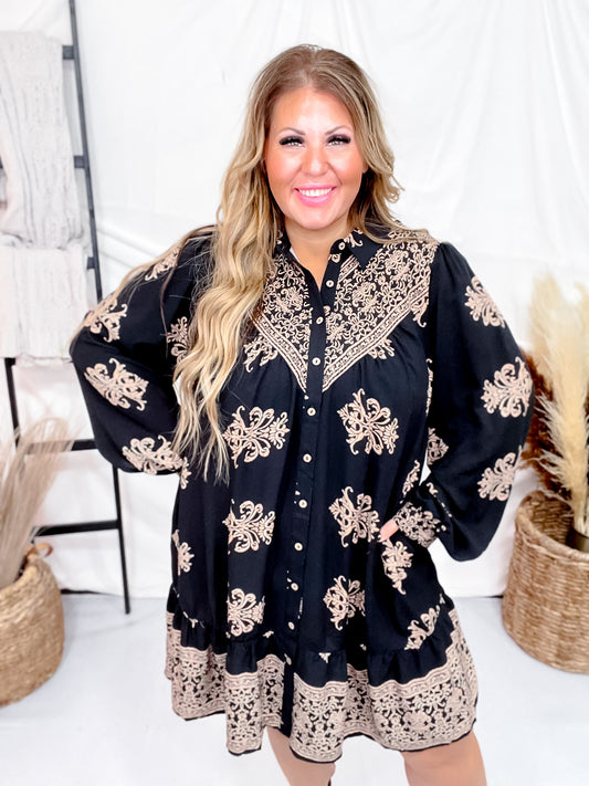 Black Border Printed Challis Long Sleeve Shirt Dress