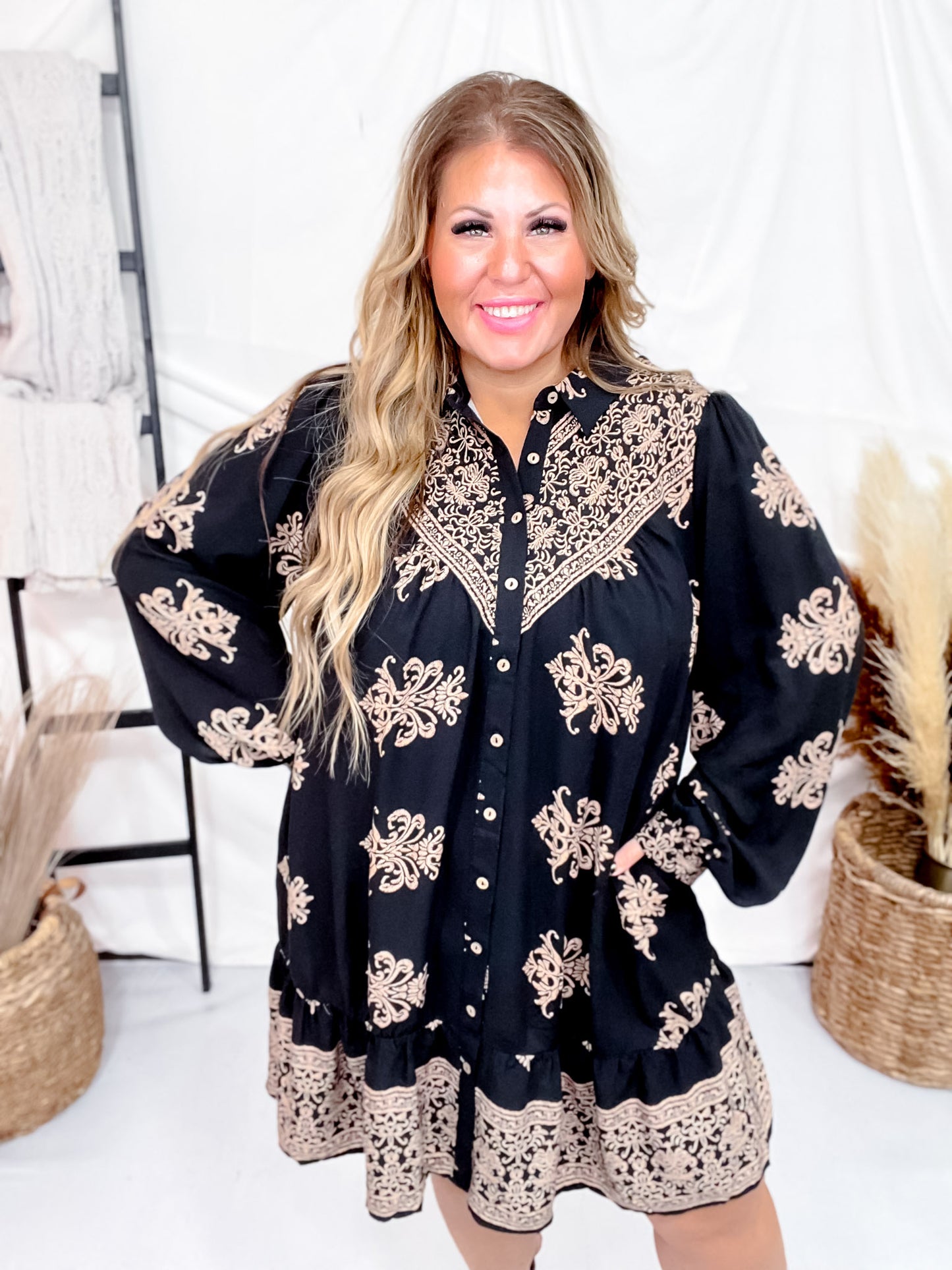 Black Border Printed Challis Long Sleeve Shirt Dress