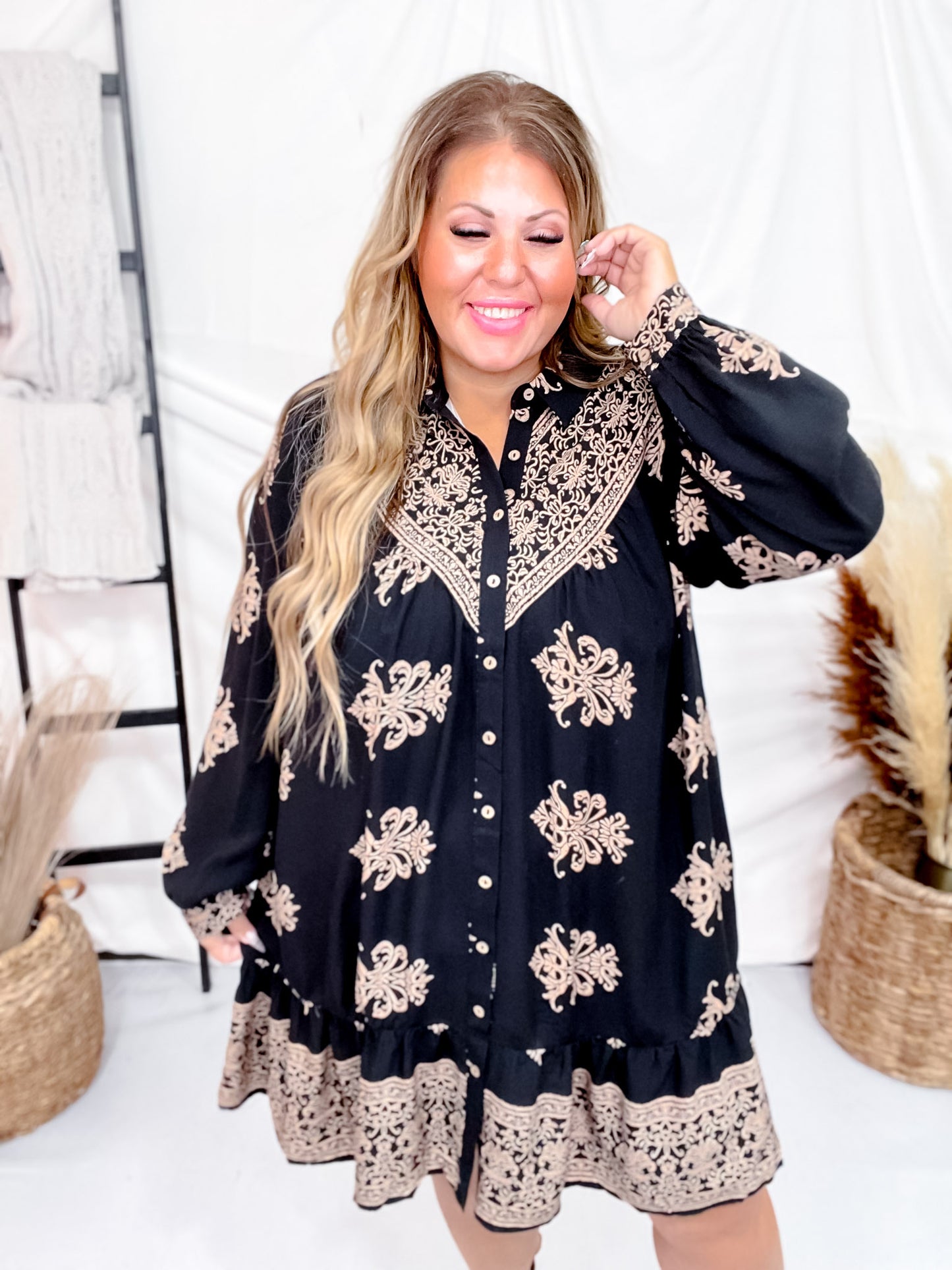Black Border Printed Challis Long Sleeve Shirt Dress