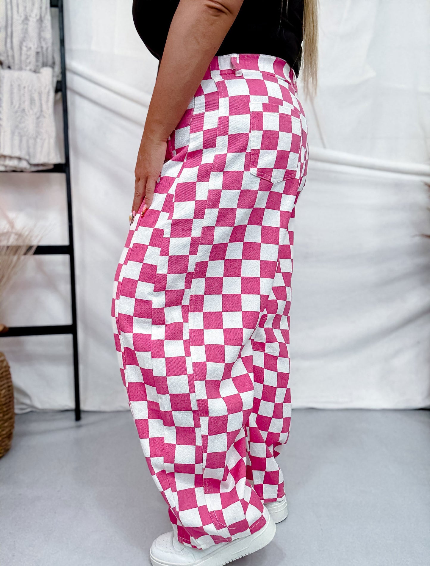Pink & White Checkered Barrel Leg Pants