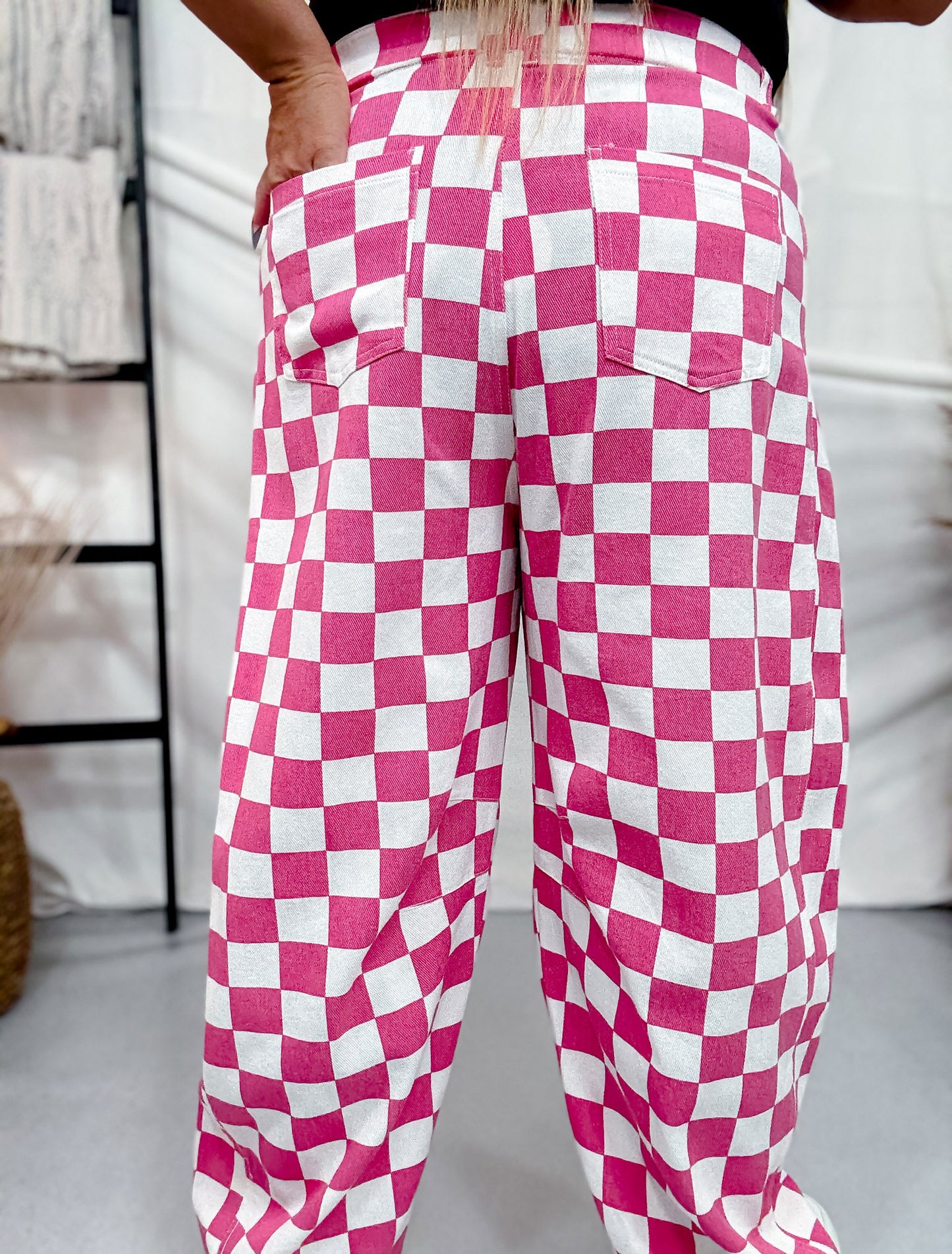 Pink & White Checkered Barrel Leg Pants