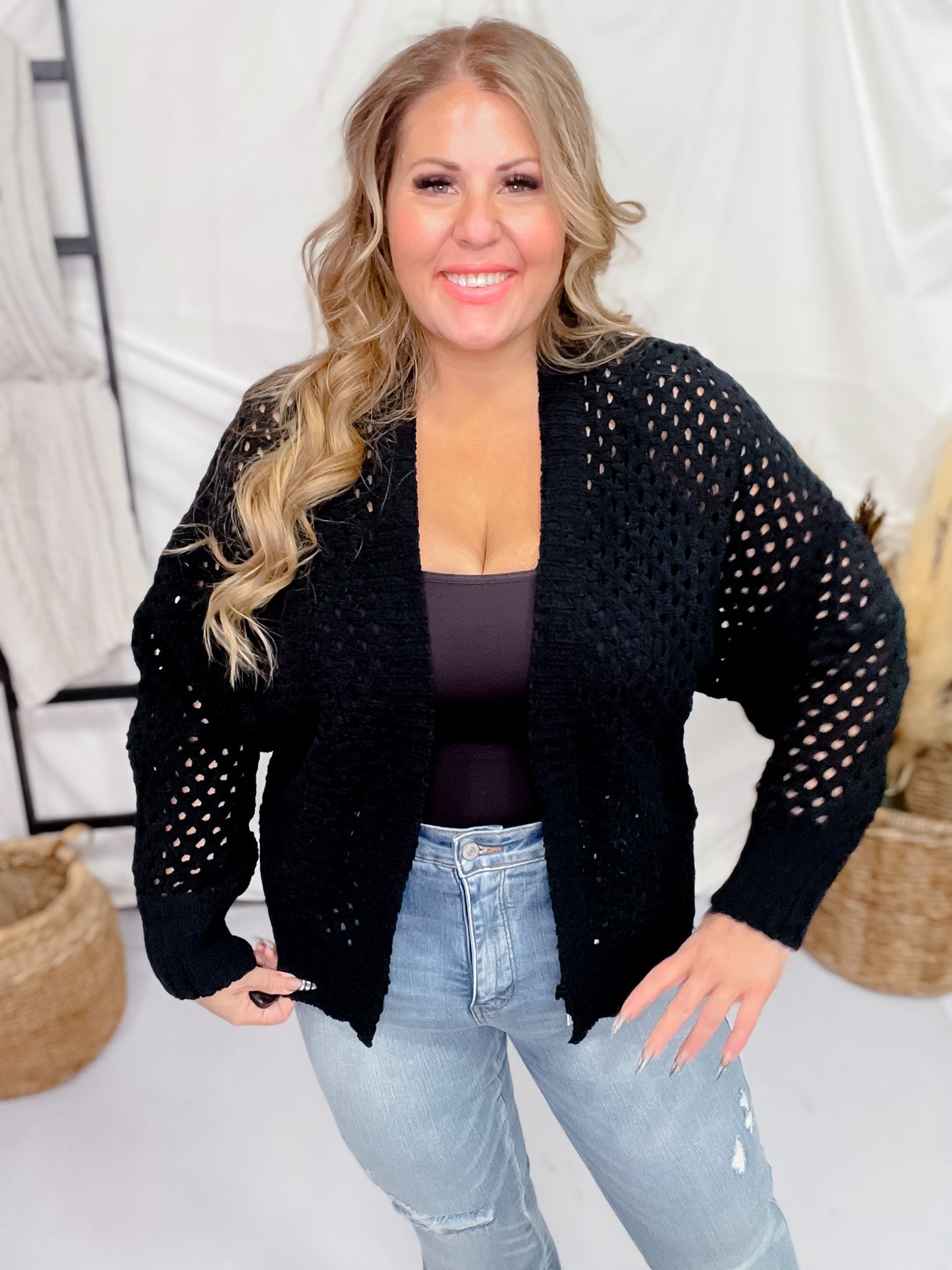 Black Open Front Crochet Cardigan