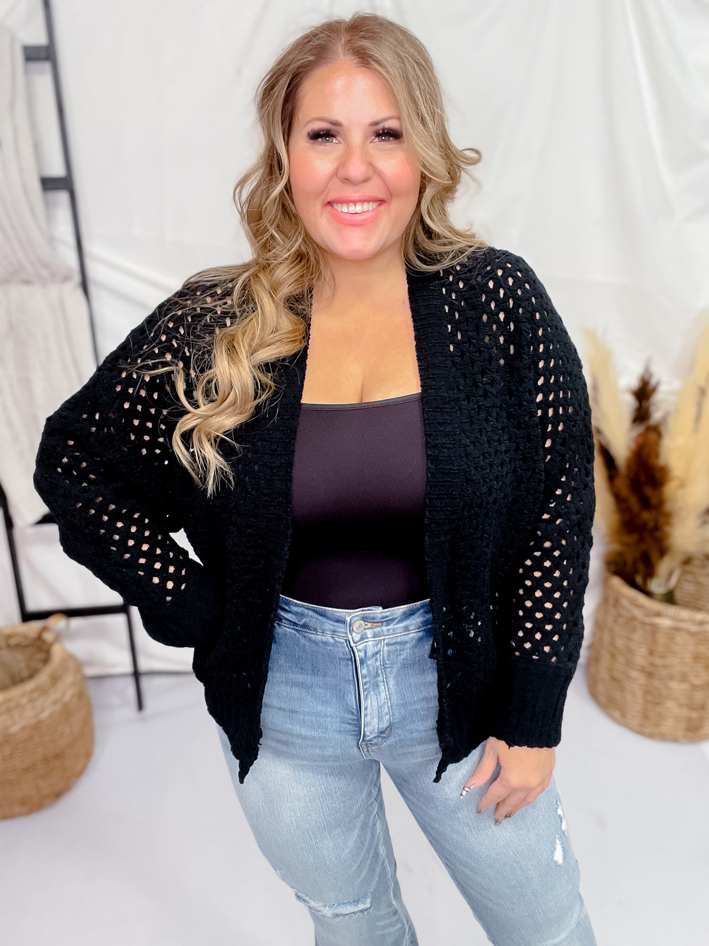 Black Open Front Crochet Cardigan