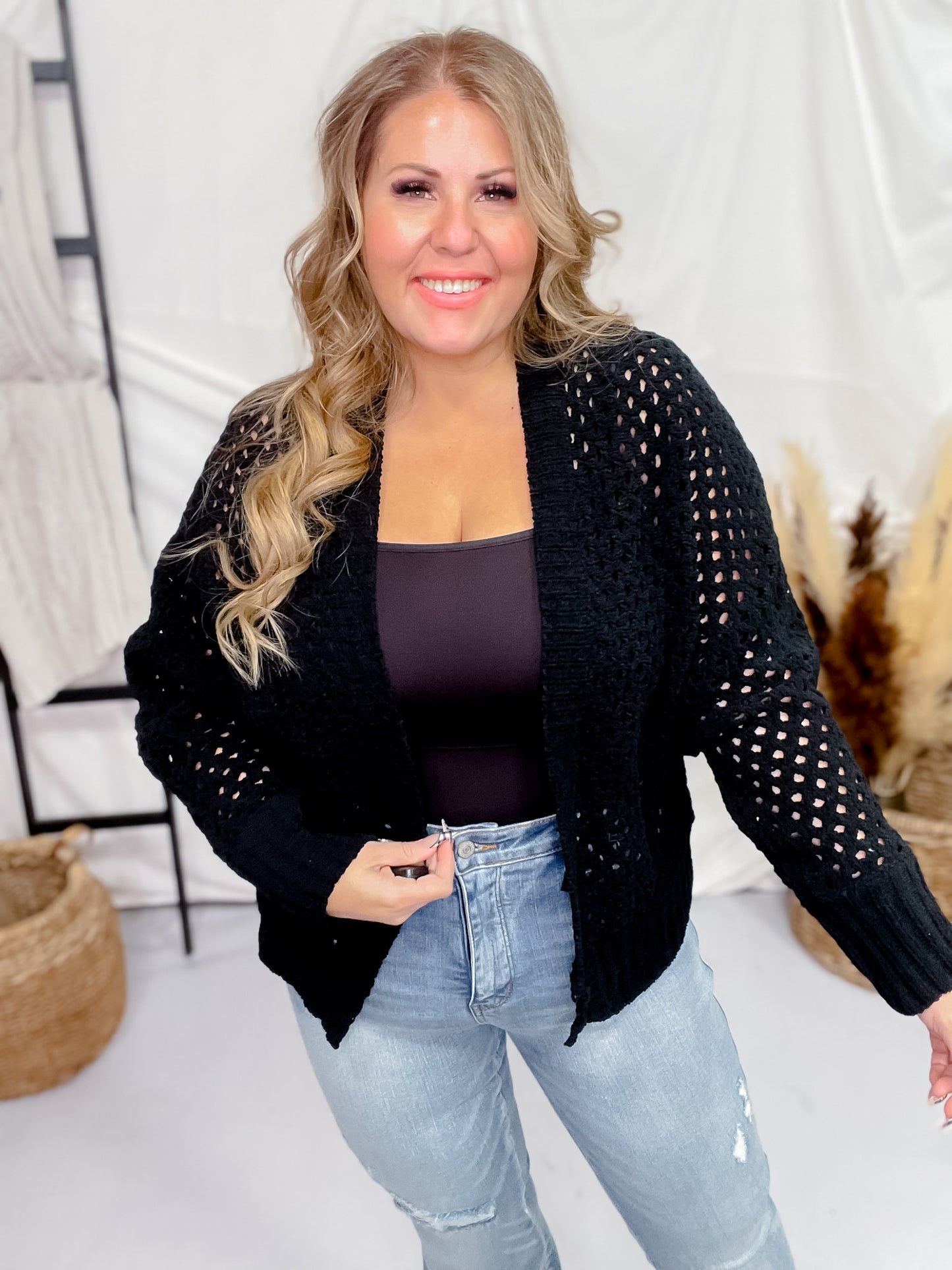 Black Open Front Crochet Cardigan