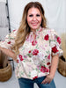 Floral Print Sand Colored Short Puff Sleeve Top