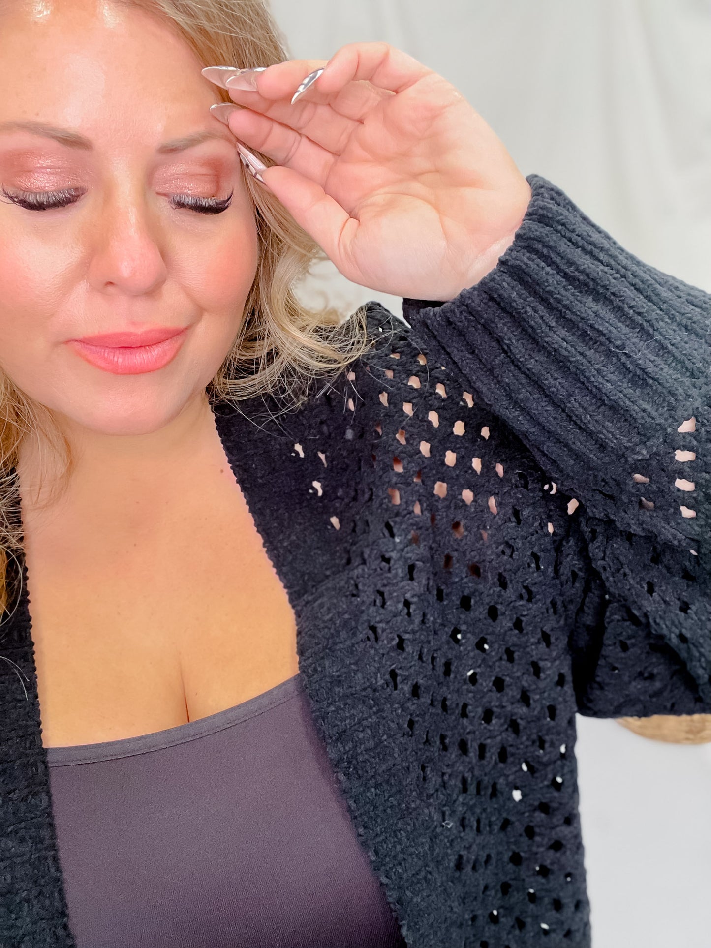 Black Open Front Crochet Cardigan