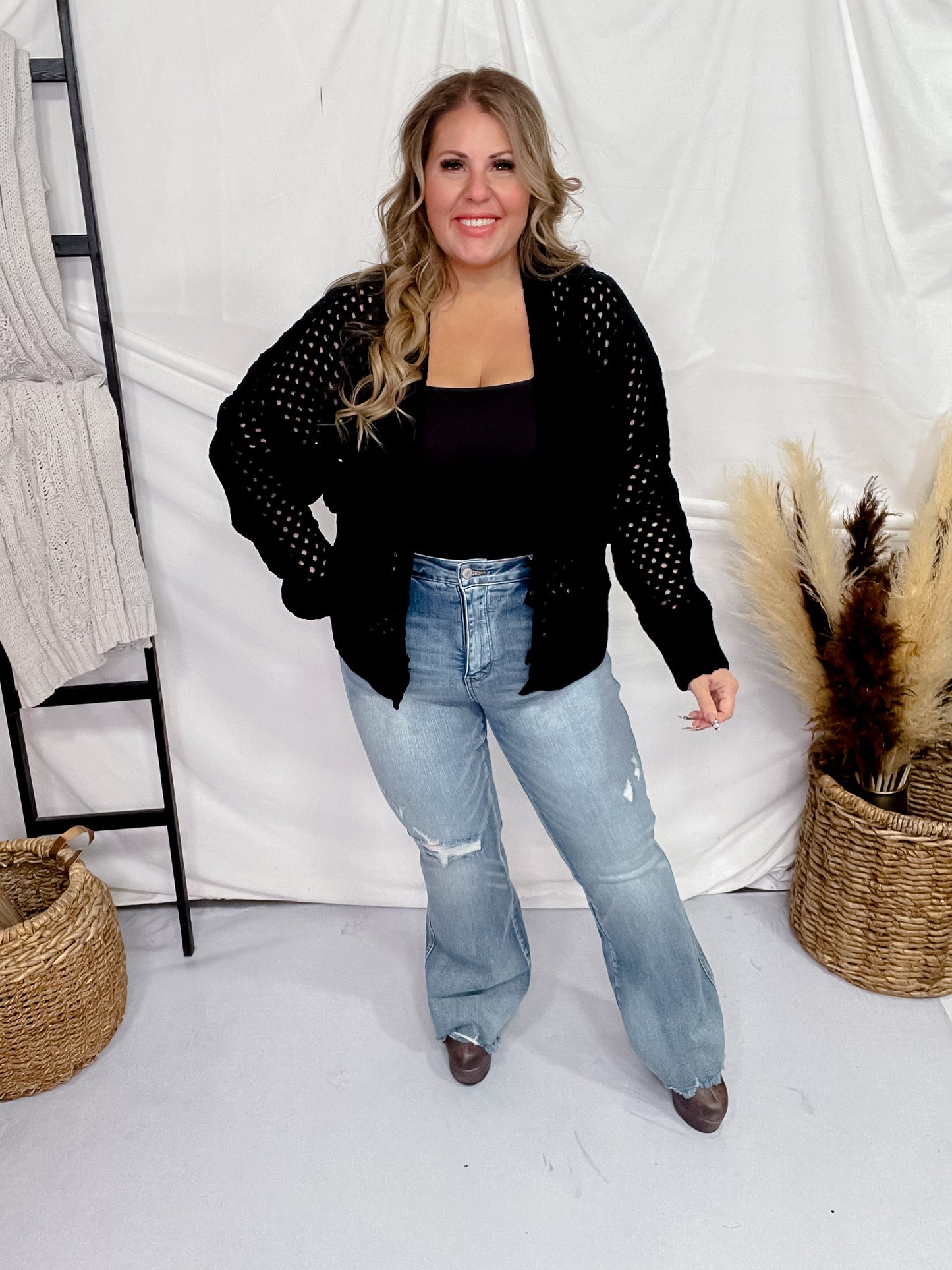 Black Open Front Crochet Cardigan