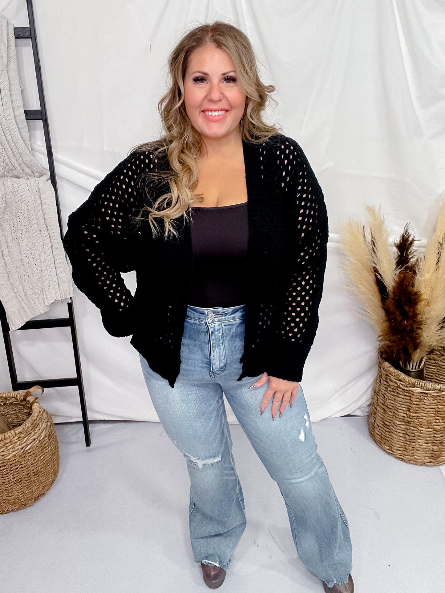 Black Open Front Crochet Cardigan