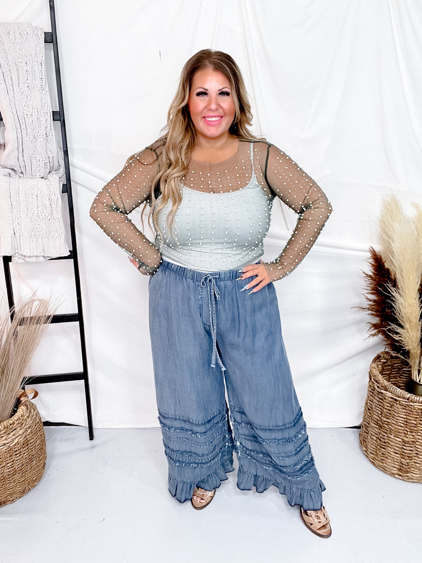 Hunter Green Pearl Covered Mesh Top