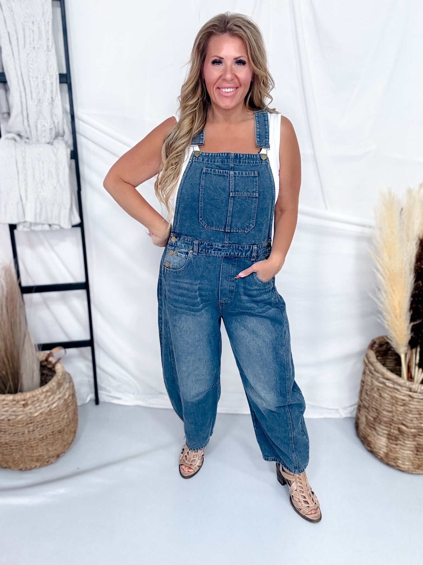 Vintage Wash Barrel Leg Denim Overalls