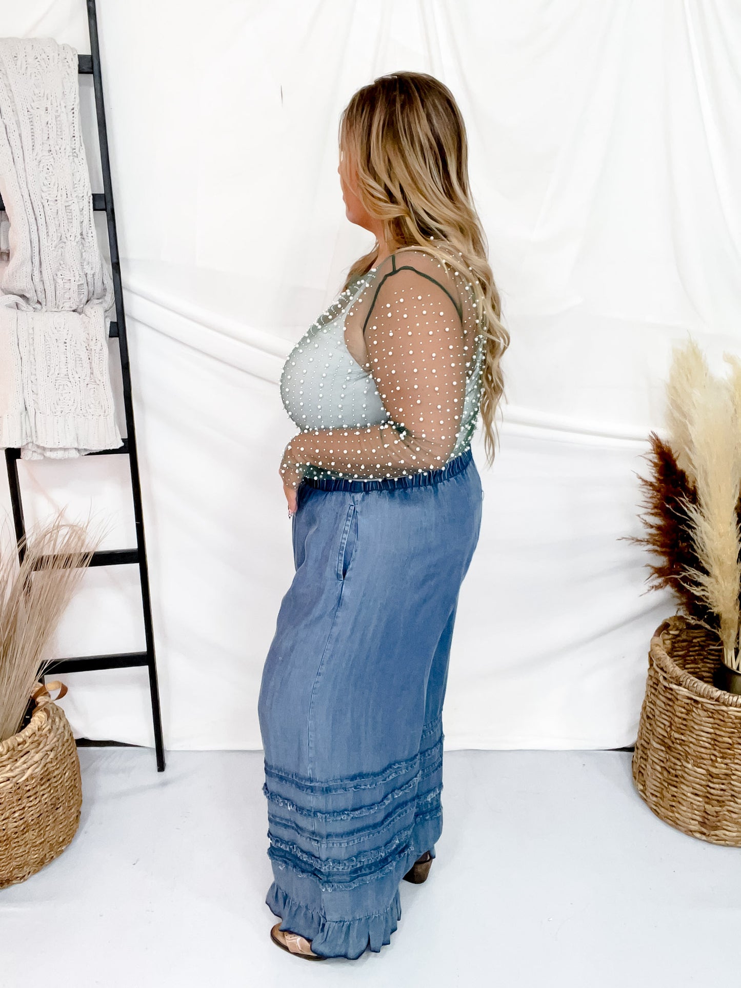 Hunter Green Pearl Covered Mesh Top
