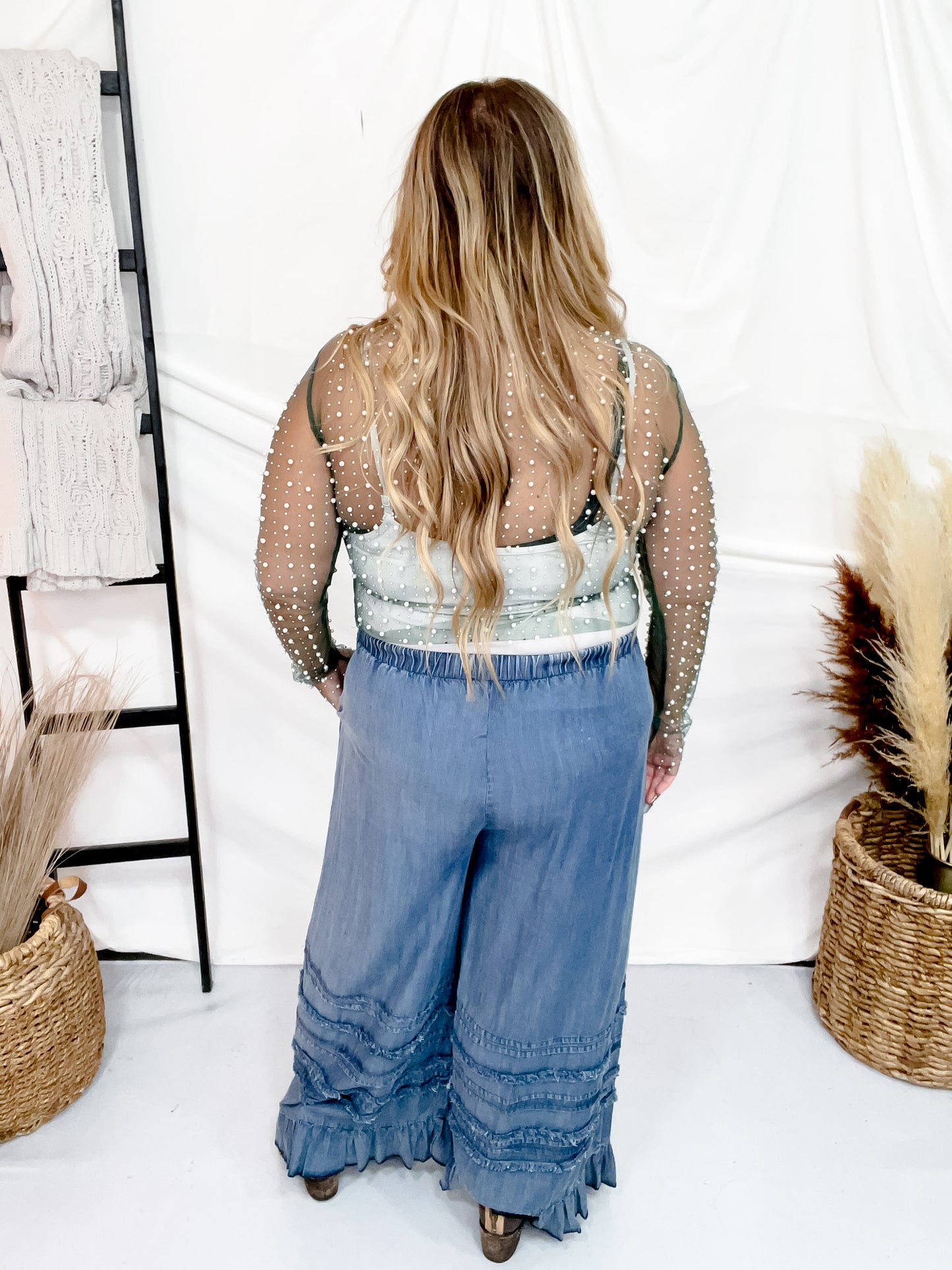 Hunter Green Pearl Covered Mesh Top