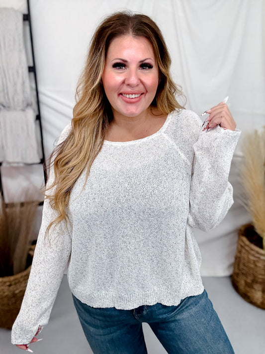 Long Sleeve Light Knit Melange Boat Neck Sweater