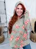 Olive Green Ribbed Lightweight Hoodie With Floral Print