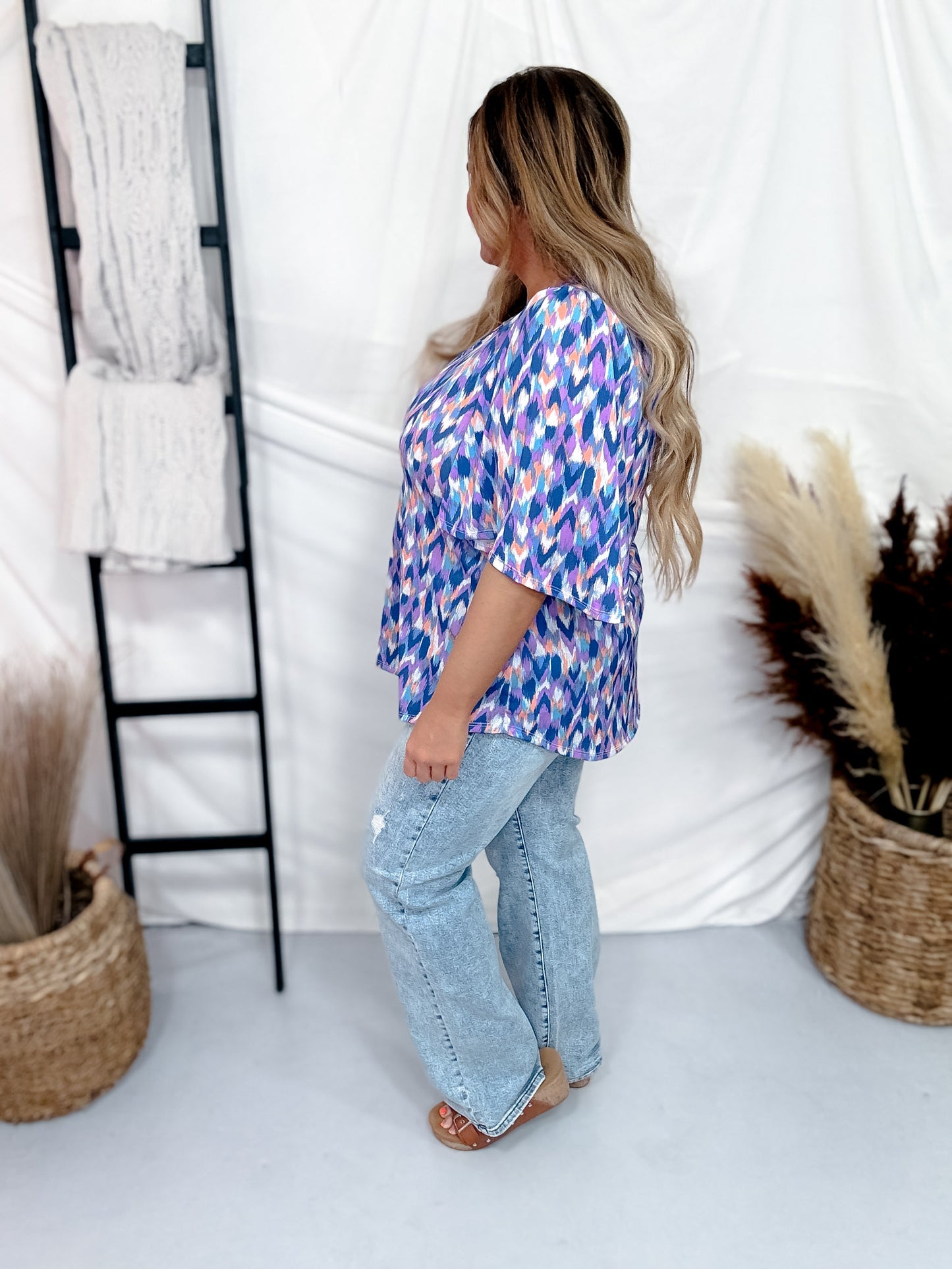 V-Neck Top with Half Bell Sleeves in Blue and Lavender