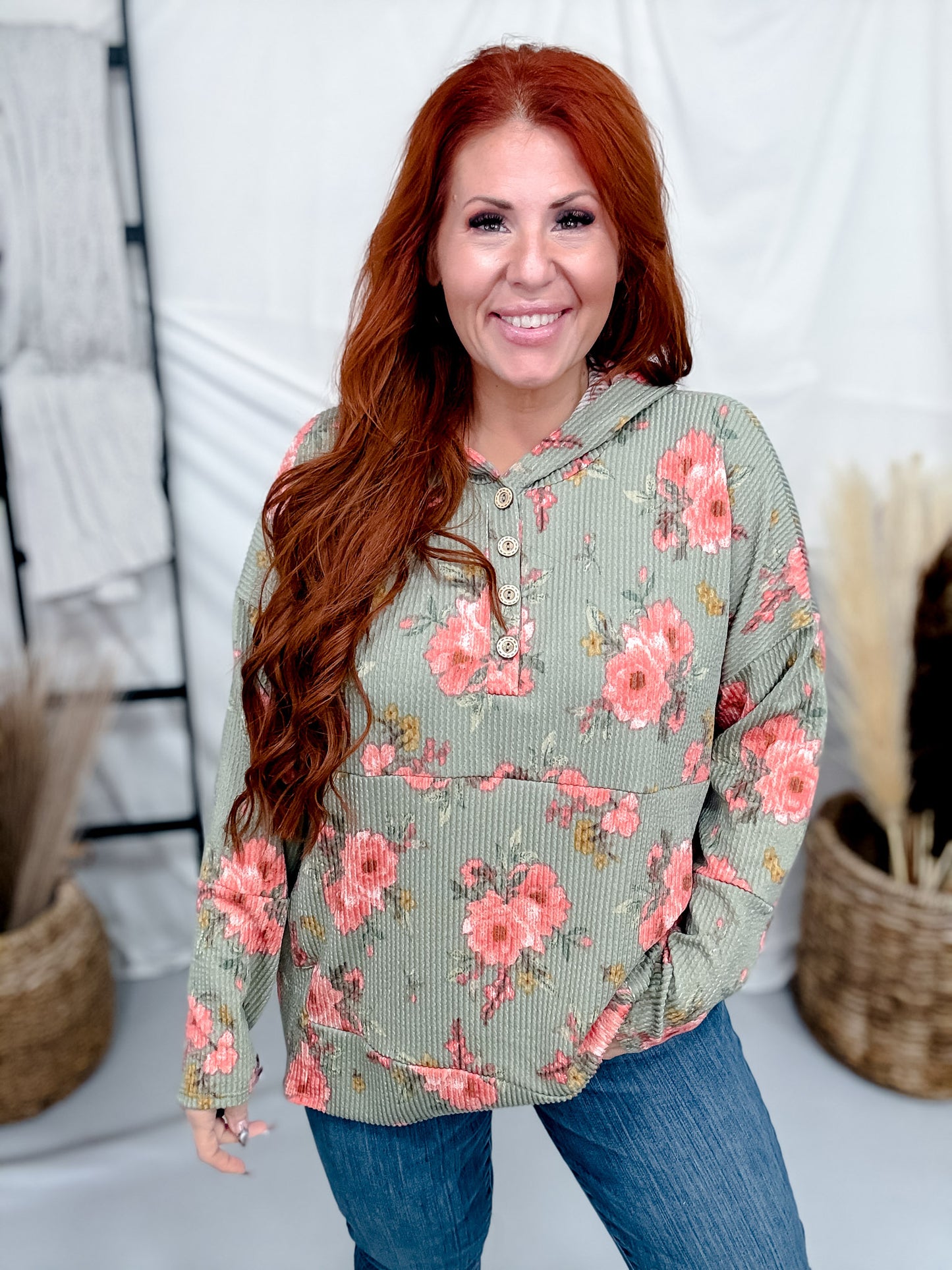 Olive Green Ribbed Lightweight Hoodie With Floral Print