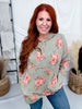 Olive Green Ribbed Lightweight Hoodie With Floral Print