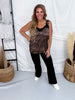 Black & Brown Satin Zebra Print Tank Top W/ Eyelash Lace Trim