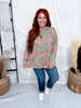 Olive Green Ribbed Lightweight Hoodie With Floral Print