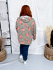 Olive Green Ribbed Lightweight Hoodie With Floral Print
