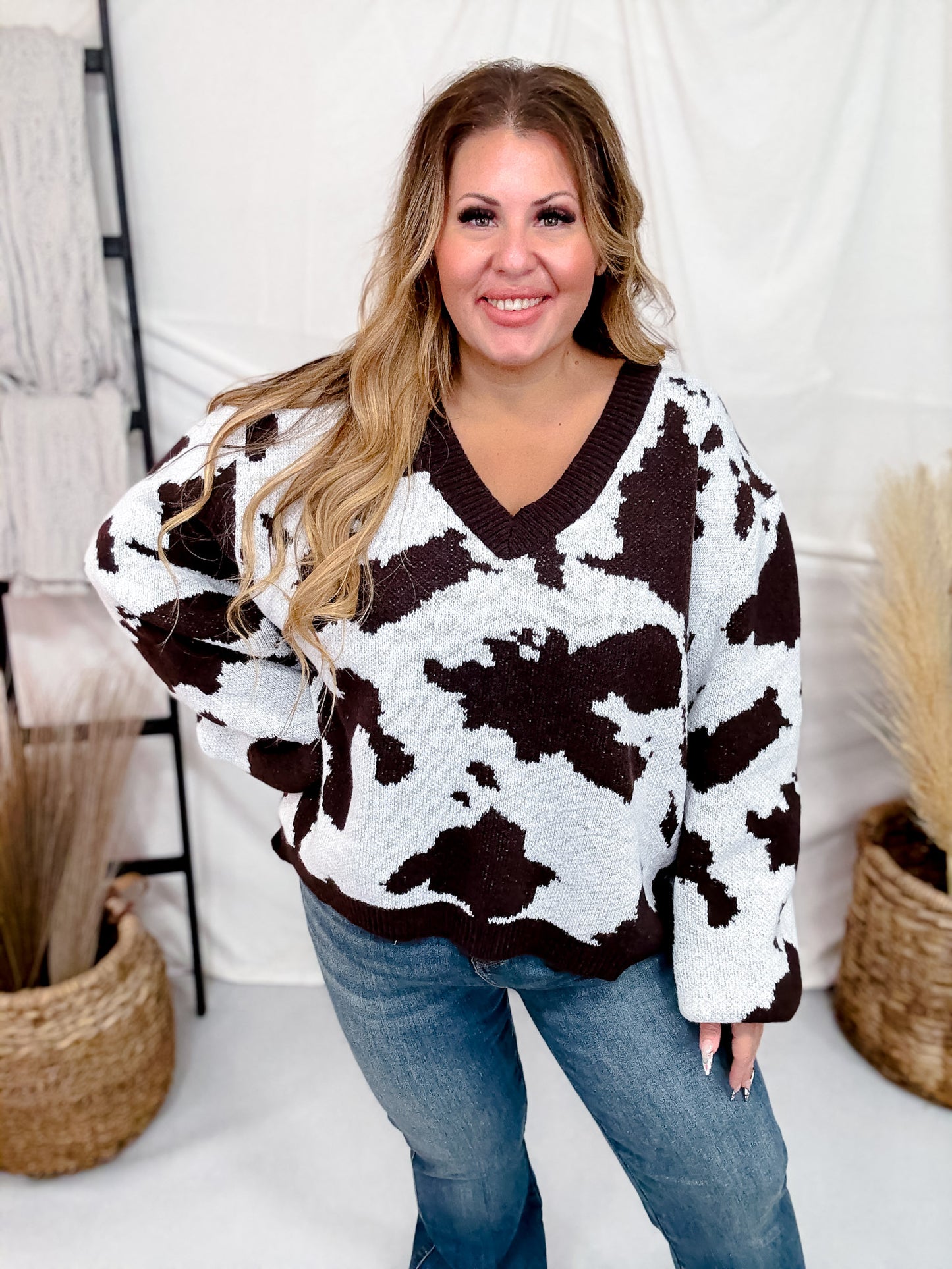 Cow Patterned V-Neck Sweater Top