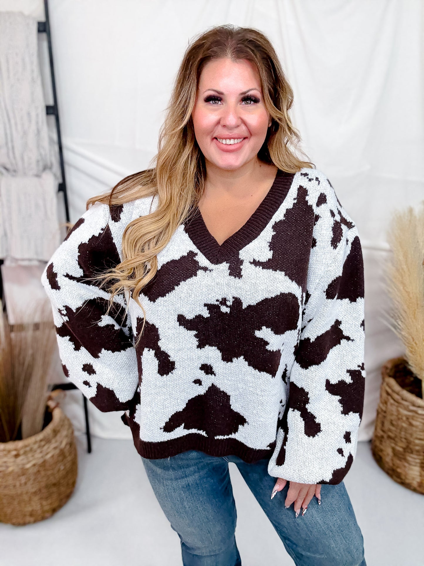 Cow Patterned V-Neck Sweater Top