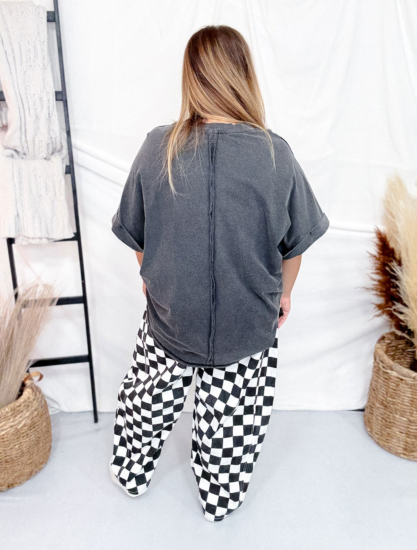 Short Sleeve Black Top W/ Rounded Neckline & Rivet Details